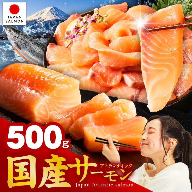 国産アトランティックサーモン 500g ポーション【小分け 真空パック 訳あり サイズ不揃い 刺身 海鮮丼 さーもん 鮭 さけ シャケ しゃけ 冷凍】 nbj0010