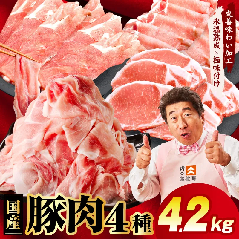 【スピード発送】国産豚肉 4種 福袋 4.2kg【氷温熟成×極味付け 小分け 300gパック ぶたにく 普段使い 野菜炒め 切り落とし まとめ買い 訳あり サイズ不揃い】 mrz0341-1