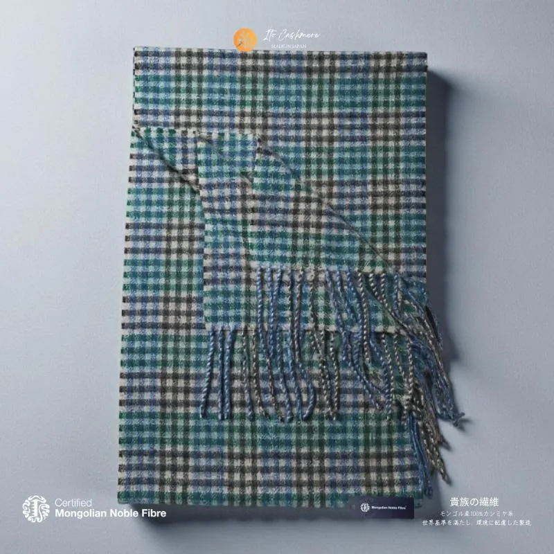 『Noble Fibre』100％カシミヤ・マフラー グリーン＆チェック フリンジ付き G3562
