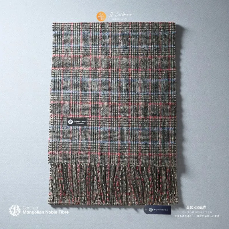 『Noble Fibre』100％カシミヤ・マフラー グレーン＆チェック フリンジ付き G3563
