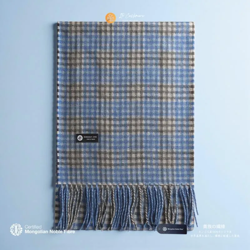 『Noble Fibre』100％カシミヤ・マフラー ブルー＆チェック フリンジ付き G3564