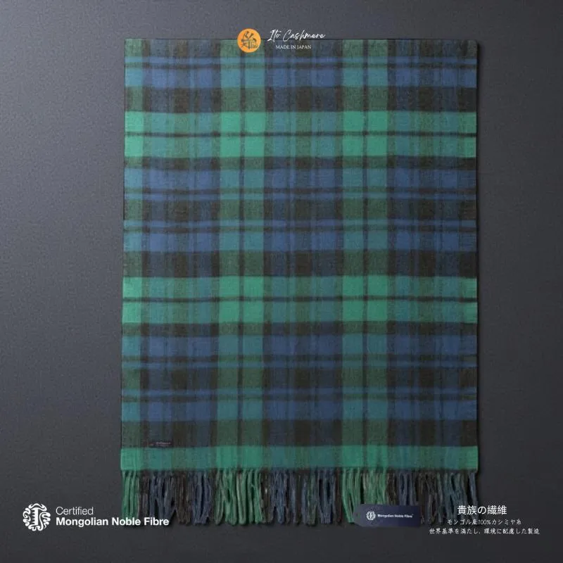 『Noble Fibre』100％カシミヤ・大判ストール ブラックウオッチ＆チェック フリンジ付き G3566