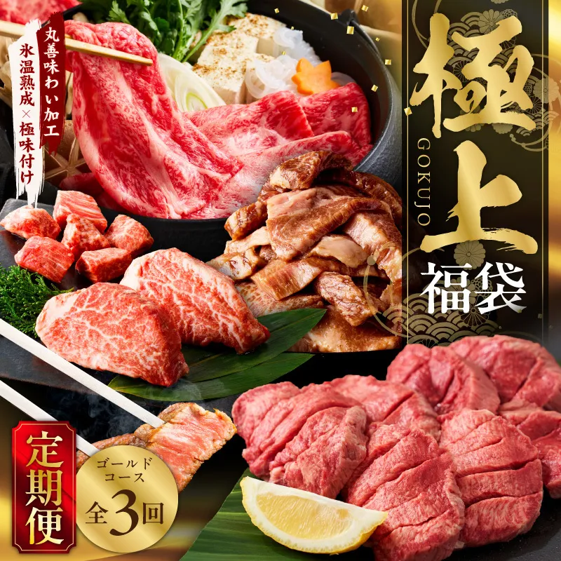 極上福袋 定期便 ゴールドコース 全3回【5種 食べ比べ 牛肉 ステーキ 牛タン 焼肉 しゃぶしゃぶ すき焼き 氷温熟成×極味付け 毎月配送コース】 mrzZ030