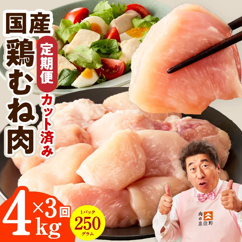 【カット済み】国産 鶏むね肉 定期便 4kg  全3回【氷温熟成×極味付け 小分け 250g×16P 鶏肉 とり 簡単調理 唐揚げ 親子丼 冷凍】 mrzZ100