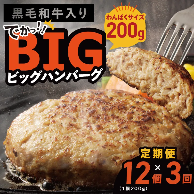 [定期便]黒毛和牛入り BIGハンバーグ(200g×12個)全3回 [毎月配送コース]