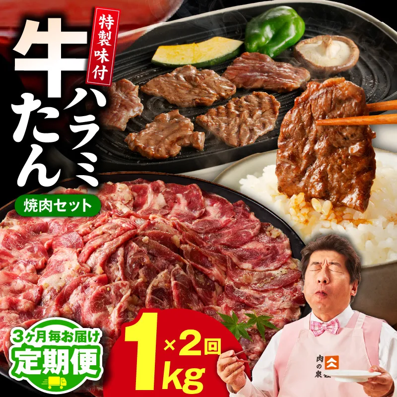 【定期便】牛タン＆牛ハラミ お試し 1kg 焼肉セット【成型牛たん ハラミ 味付き 牛肉 やきにく BBQ 薄切り スライス 訳あり サイズ不揃い 2026年3月＆6月発送 全2回】 099Z445