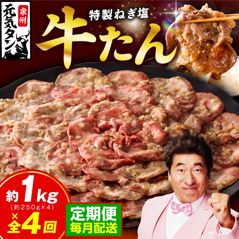 【定期便】 特製 牛たん 1kg 全4回【毎月配送コース 小分け 250g×4P ねぎ塩 牛タン 牛肉 焼肉用 薄切り 訳あり サイズ不揃い】 099Z463
