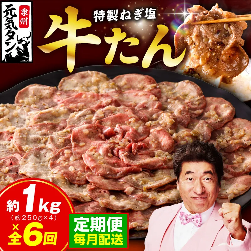 【定期便】 特製 牛たん 1kg 全6回【毎月配送コース 小分け 250g×4P ねぎ塩 牛タン 牛肉 焼肉用 薄切り 訳あり サイズ不揃い】 099Z464