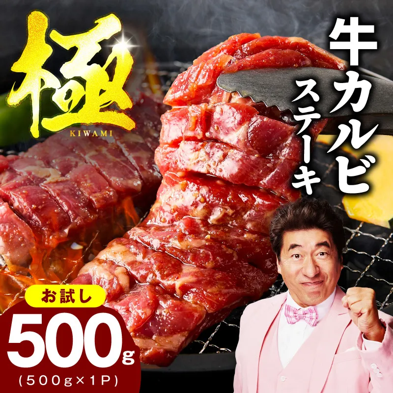 [お試し]赤身カルビ ステーキ 500g 焼肉用 500g×1P[氷温熟成×特製ダレ 牛肉 バラ 切り落とし 訳あり サイズ不揃い]