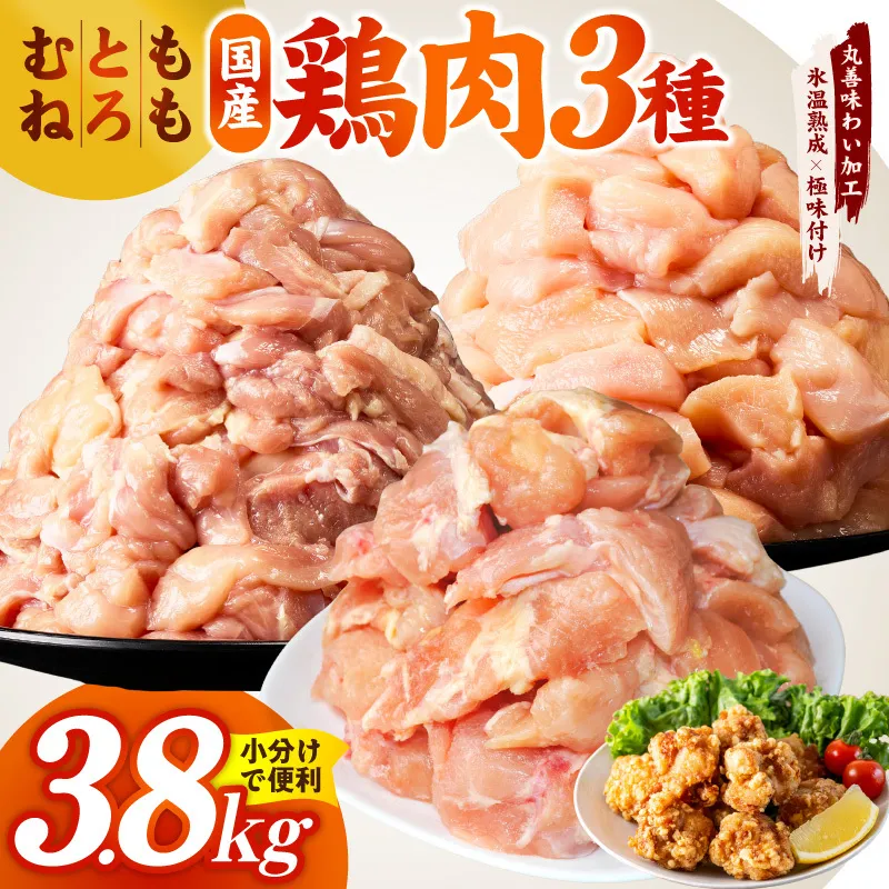 【氷温熟成×極味付け】国産鶏モモ・鶏とろ（肩肉）・鶏むね　3種セット 合計3.8kg【カット済み 氷温熟成×極味付け 小分け 味付き 簡単調理 訳あり サイズ不揃い 鶏肉 もも肉 むね肉  鶏とろ 肩肉 とり】 mrz0401