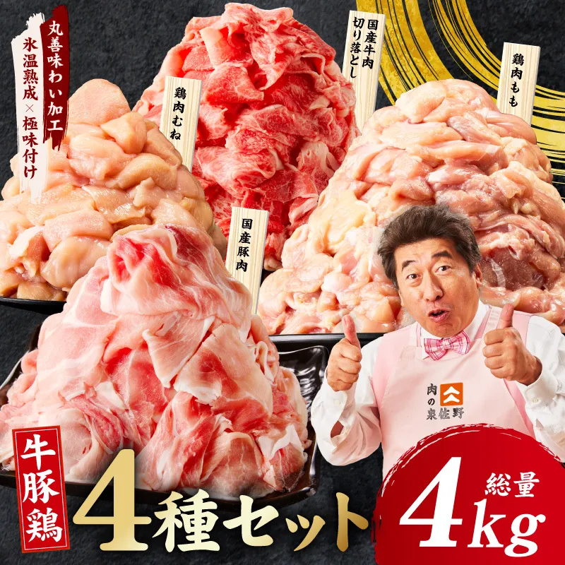 国産 牛豚鶏 4種セット 4kg【氷温熟成×極味付け 牛肉 豚肉 鶏肉 もも むね 食べ比べ 普段使い 味付き 小分け 訳あり サイズ不揃い】 mrz0403