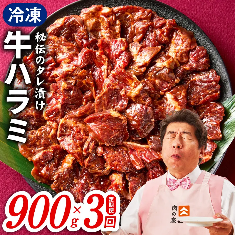 [定期便]牛ハラミ肉 900g×全3回[小分け 300g×3P 秘伝の赤タレ 味付き 焼肉 訳あり サイズ不揃い 毎月配送コース]