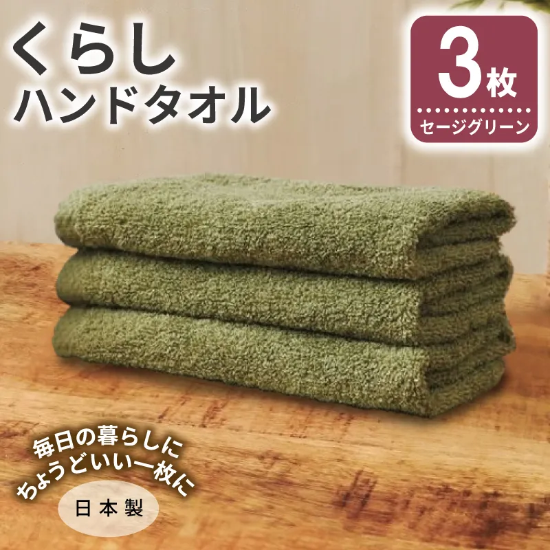 くらしハンドタオル 3枚 セージグリーン【泉州タオル たおる 国産 吸水 普段使い シンプル 日用品 家族 ファミリー】 G4347