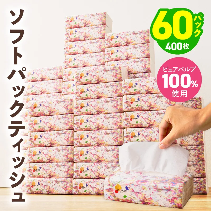 ソフトパックティッシュ 60パック×400枚 200組【ピュアパルプ100％ 高評価 人気急上昇 まとめ買い 日用品 常備品 てぃっしゅ 備蓄 防災 箱なし】 010B1754