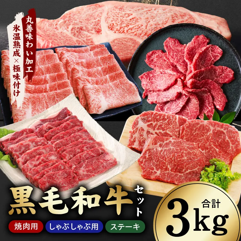 【氷温熟成×極味付け】黒毛和牛セット  合計3kg【小分け 焼肉 しゃぶしゃぶ ステーキ 簡単調理 BBQ 牛肉 黒毛和牛 味付き】 mrz0504