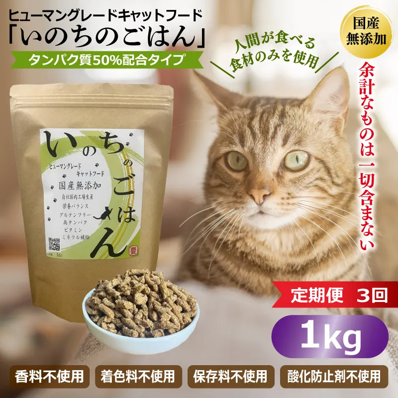 【定期便】国産無添加 キャットフード 1kg×全3回 「いのちのごはん」タンパク質 50%配合タイプ【猫 ねこ ペットフード チキン 手作り ヒューマングレード 国産】 099Z636