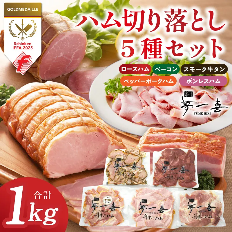ハム 切り落とし 5種セット 合計1kg【ロースハム ベーコン スモークタン ペッパーポークハム ボンレスハム切り落とし 人気総菜 訳あり サイズ不揃い】 G4104