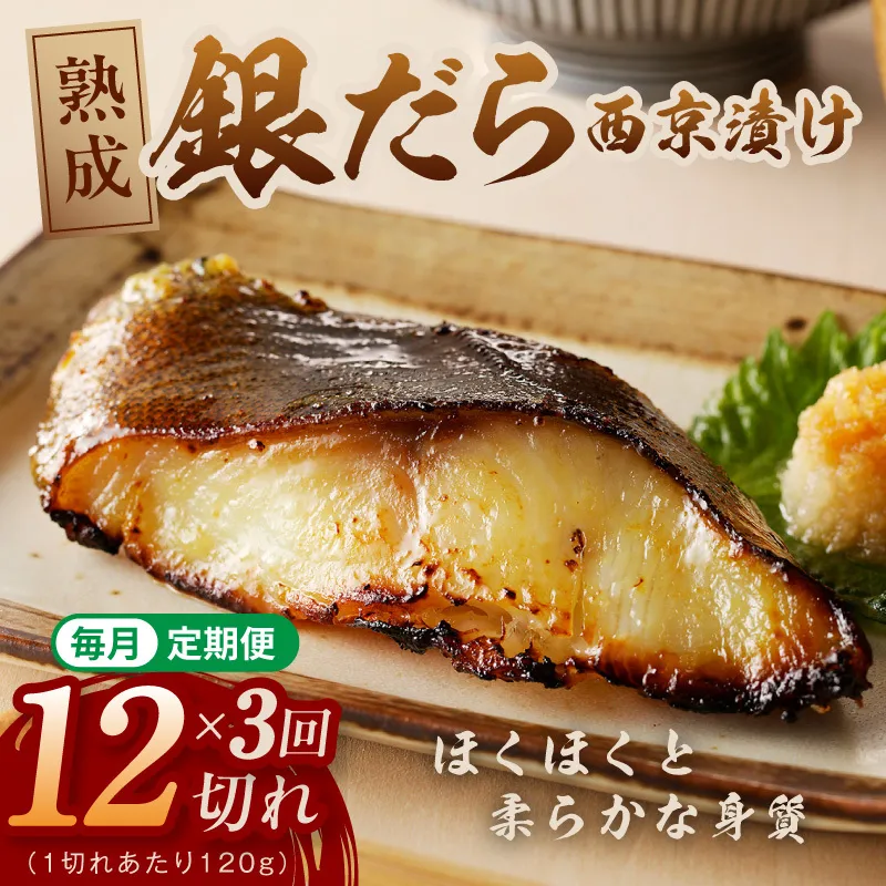 【定期便】銀鱈 西京漬け 120g×12切れ 全3回【厚切り 小分け 熟成 銀だら ぎんだら ギンダラ 海産物 魚 惣菜 西京焼き 味噌 お酒のあて 訳あり サイズ不揃い 切り落とし】 G5640
