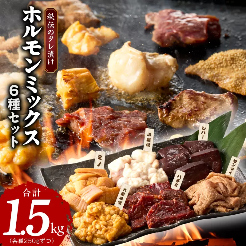 ホルモンミックス 6種セット 合計 1.5kg 秘伝のタレ漬け【食べ比べ 250g×6種 小分け 焼肉 牛肉 ハラミ ミノ センマイ レバー 小腸 大腸 】