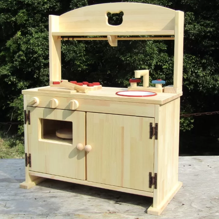 手作り木製「棚付き」ままごとキッチン 大型レンジ付き すかし入り DHK-R2