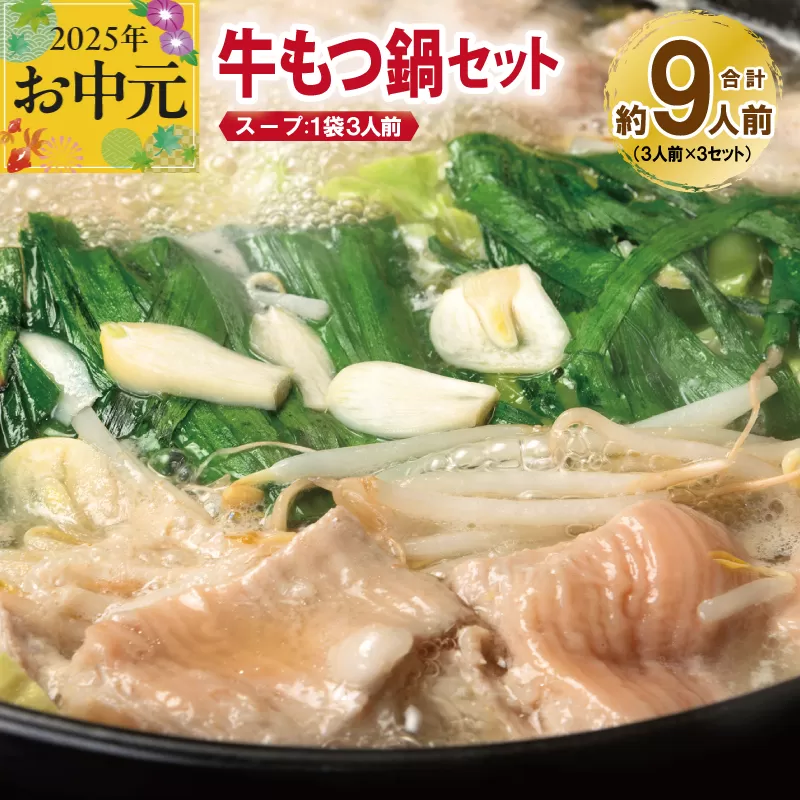 【お中元】 牛もつ鍋セット スープ付 合計約9人前【味付け 小分け 牛肉 ホルモン 醤油ベーススープ 簡単調理 3人前×3セット】