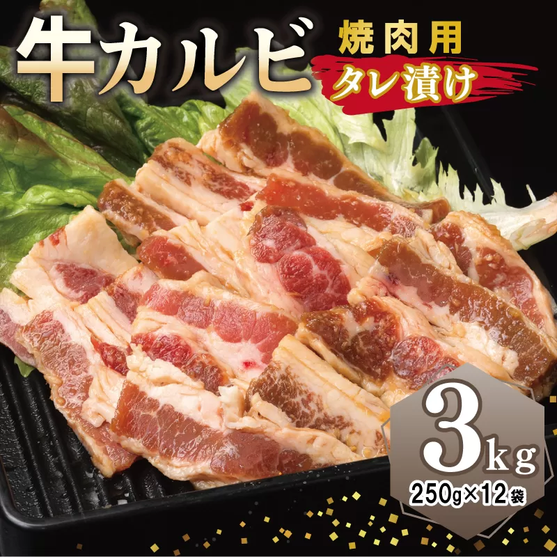 牛カルビ 焼肉用 タレ漬け 合計3kg【味付け 小分け 焼くだけ 簡単調理 BBQ 牛肉 250g×12袋】