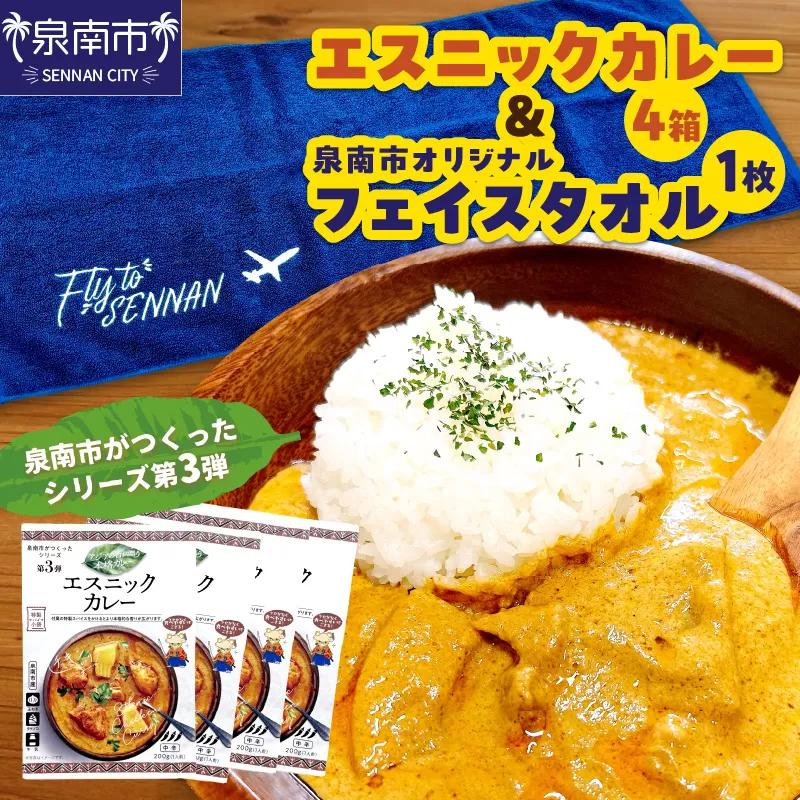 泉南市がつくったシリーズ第3弾「エスニックカレー」4箱&泉南市オリジナルフェイスタオル 1枚【配送不可地域:北海道・沖縄・離島】 【059E-005】