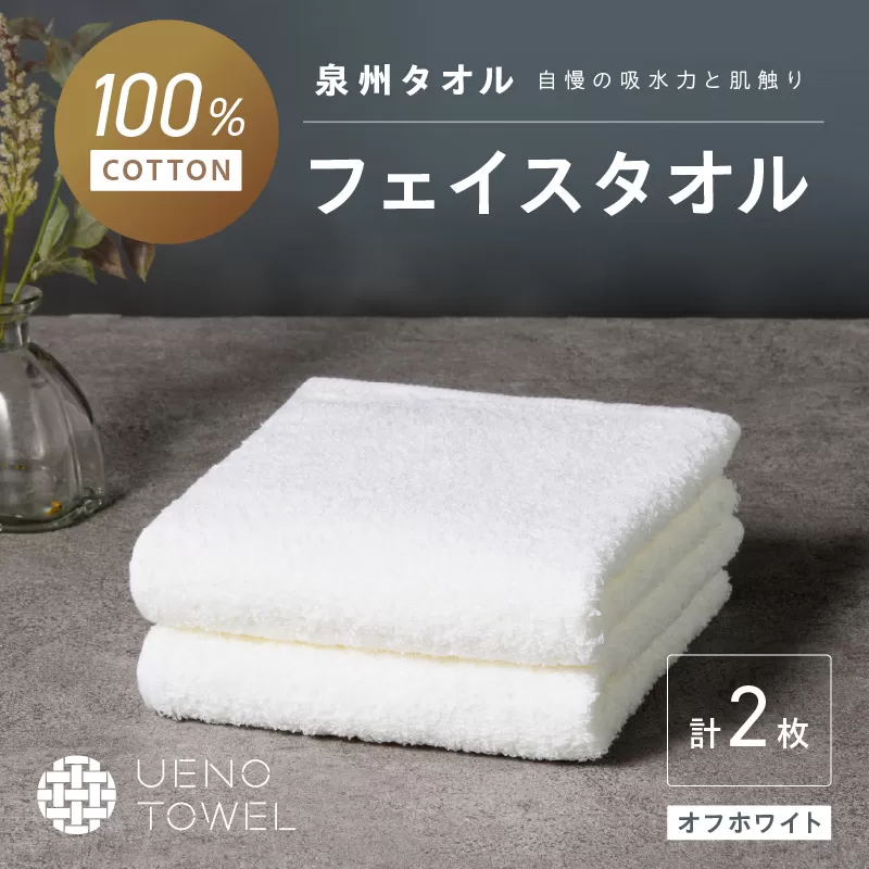 【泉州タオル】吸水力と肌触りが自慢のデイリーユースフェイスタオル オフホワイト 2枚【配送不可地域：北海道・沖縄・離島】【039E-093】