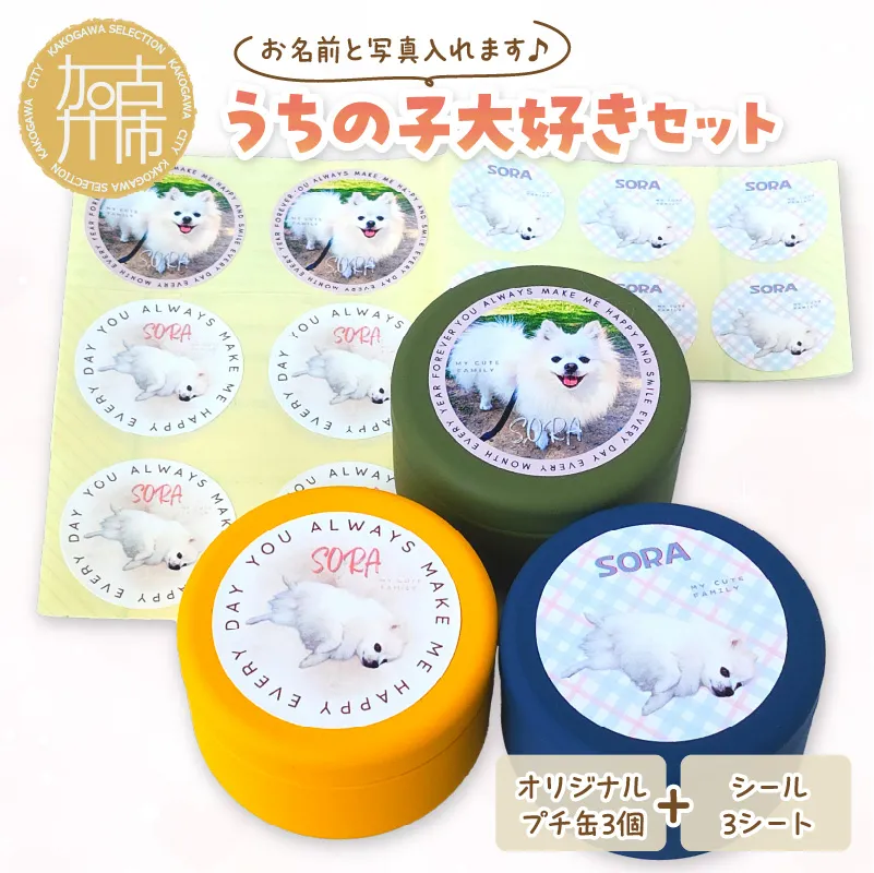 うちの子大好きセット オリジナルプチ缶3個+シール3シート 《 ペットグッズ 犬 容器 小物入れ 缶 シール オリジナル ステッカー セット 》【133015N000】