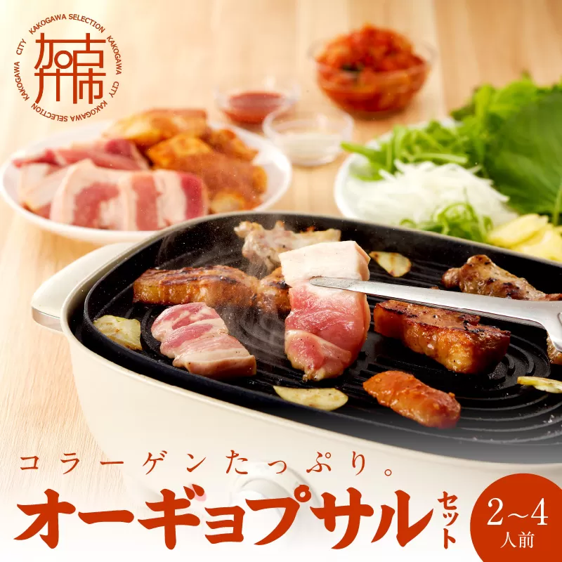 【コラーゲンたっぷり！】オーギョプサル(皮付豚肉)味噌、塩セット(2〜4人前)《 肉 豚肉 豚 オーギョプサル 自家製キムチ 巻き野菜付き セット 》