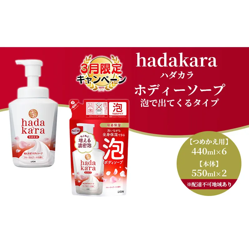 【3月 限定価格 キャンペーン 】hadakara ( ハダカラ ) オリジナルセット 泡タイプ《本体×2本、つめかえ用×6袋》[ ライオン LION ボディソープ ] 石鹸 液体せっけん ボディーソープ 保湿成分 