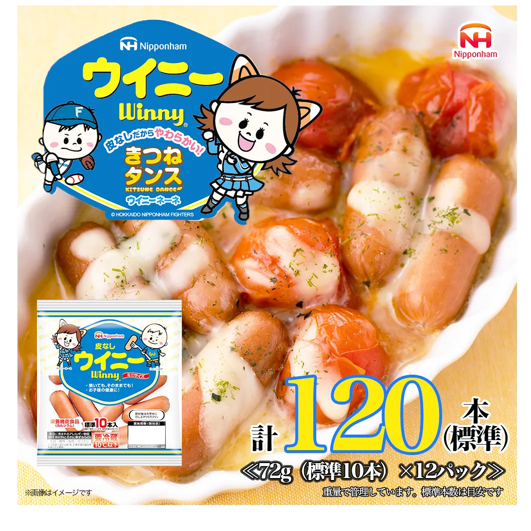 定期便 皮なしウイニー 1袋(標準10本入)×12袋 計120本(標準)【3か月お届け】 日本ハム 工場直送 ウイニー ウインナー ソーセージ 朝食 お弁当 カルシウム入 栄養機能食品 小分け 使い切り ふるさと納税