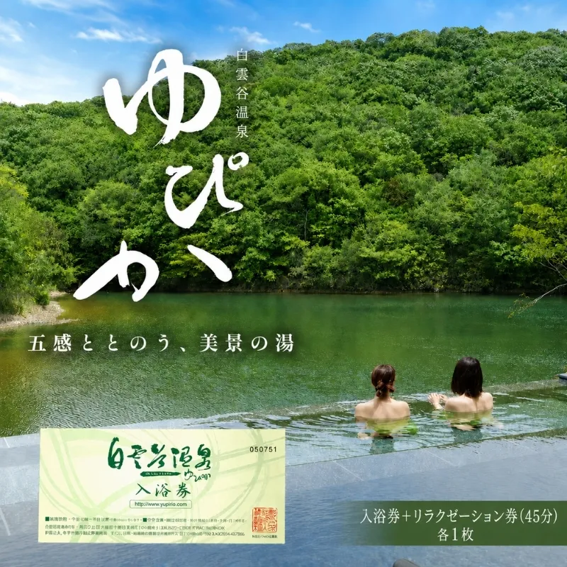 温泉 兵庫 白雲谷温泉 ゆぴか 入浴券 + お食事券 (1,000円) + リラクゼーション 45分 コース 各1枚 旅行 旅 温泉旅行 スパ サウナ 岩盤浴 マッサージ エステ 体験 体験型 チケット 券 ギフト券 ギフト 贈答 食事券 レストラン 美容 兵庫県 小野市