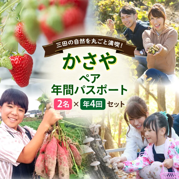 チケット かさや年間パスポート 2名 4枚 セット [かさや 兵庫県 三田市 3d28bae310008] 体験チケット ペア 体験型 ふるさと納税 パスポート 自然 アクティビティ レジャー 牛肉 黒毛和牛 鶏肉 若鶏 いちご バーベキュー しいたけ 椎茸 BBQ 黒豆 枝豆 さつまいも