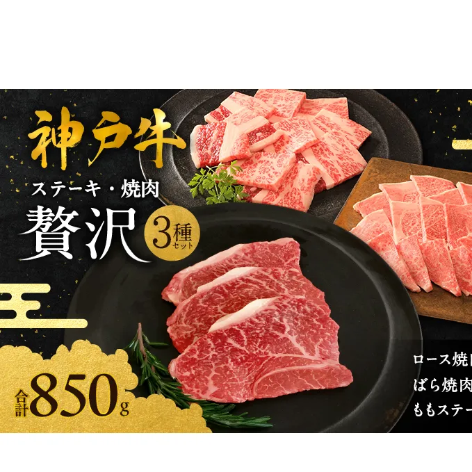 神戸牛 贅沢セットC 計850g 焼肉用ロース バラ ももステーキ