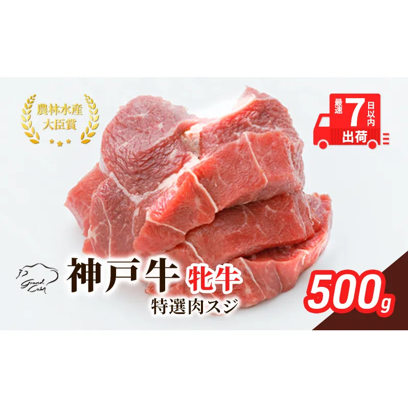 【最短7日以内発送】 神戸ビーフ 神戸牛 牝 特選肉スジ（角切りカレー煮込み用） 500g 川岸畜産 煮込み おでん カレー 冷凍 肉 牛肉 すぐ届く お肉 和牛 食材 グルメ ブランド牛 日本産 国産 夕飯 晩御飯 夜ごはん 