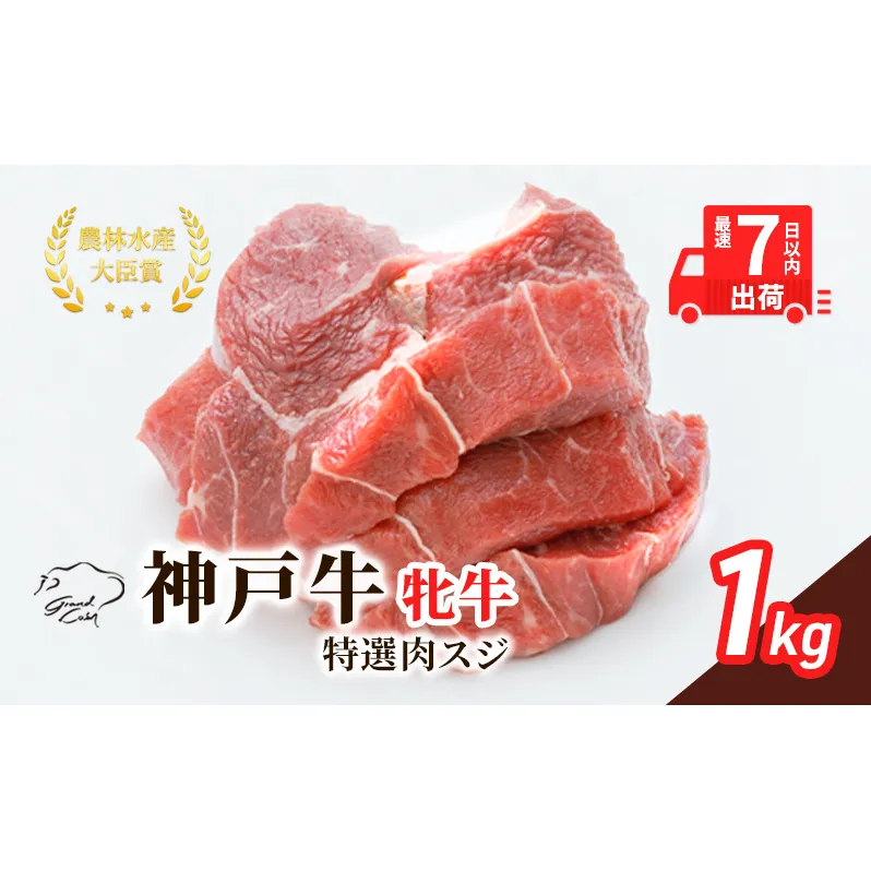 【最短7日以内発送】 神戸ビーフ 神戸牛 牝 特選肉スジ（角切りカレー煮込み用）大容量 1000g  1kg 川岸畜産 煮込み おでん カレー 冷凍 肉 牛肉 すぐ届く お肉 和牛 食材 グルメ ブランド牛 日本産 国産 夕飯 晩御飯 夜ごはん