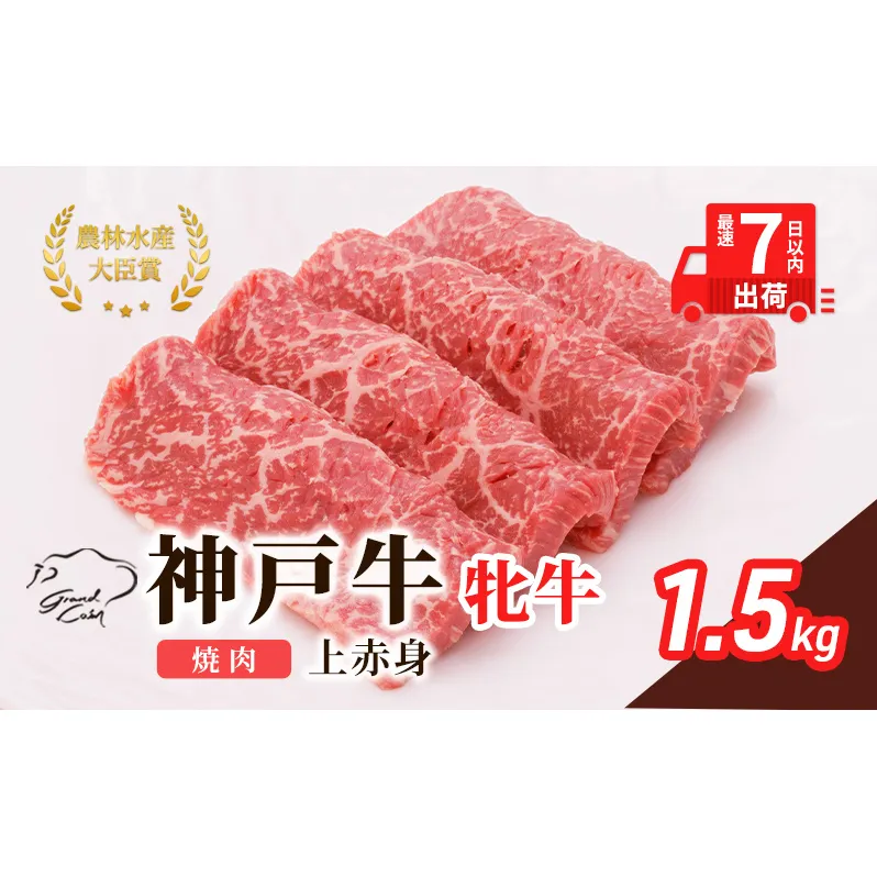 【最短7日以内発送】 神戸ビーフ 神戸牛 牝 上赤身 焼肉 1500g 1.5kg 川岸畜産 大容量 冷凍 肉 牛肉 すぐ届く お肉 和牛 食材 グルメ ブランド牛 日本産 国産 夕飯 晩御飯 夜ごはん 
