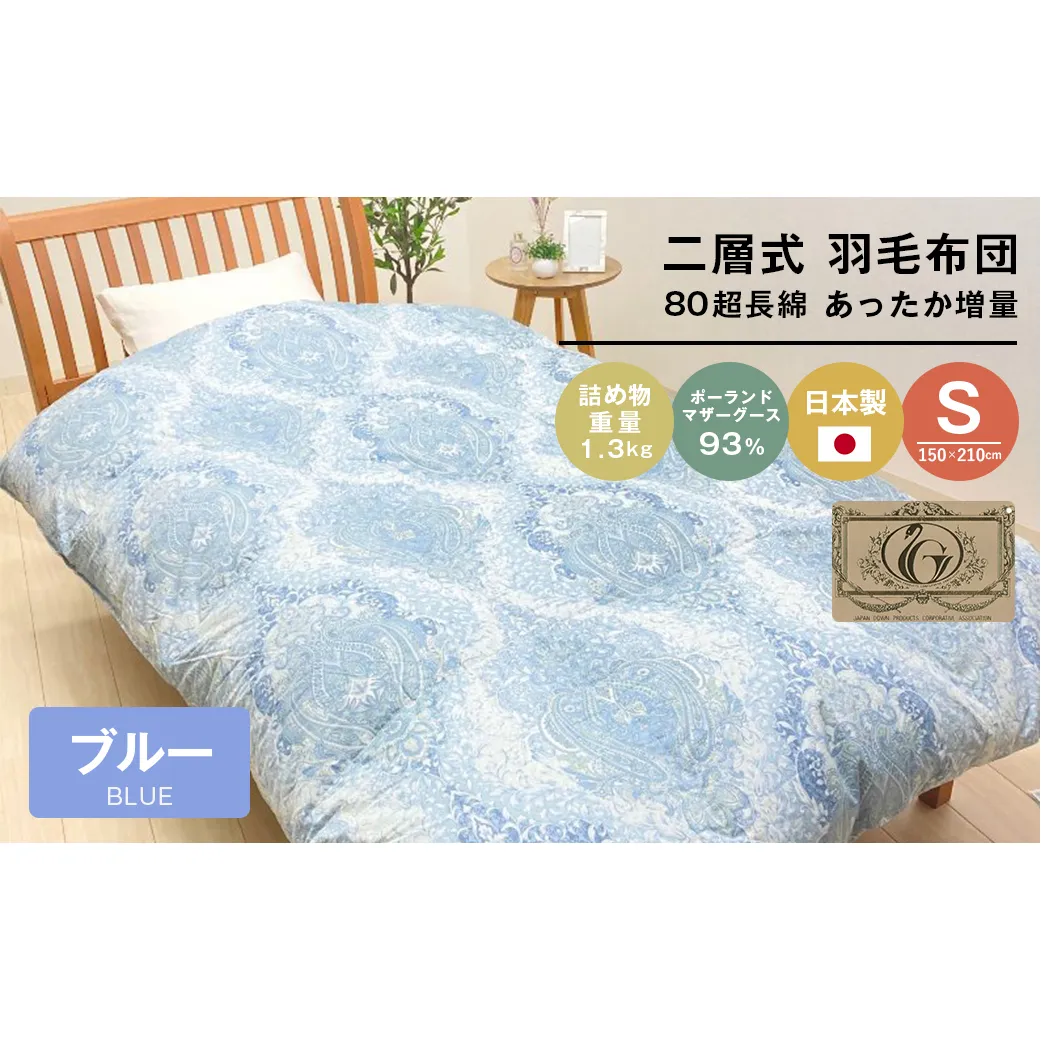 ポーランドマザーグース93％ 二層式 80超長綿 増量1.3kg 羽毛（8106B）