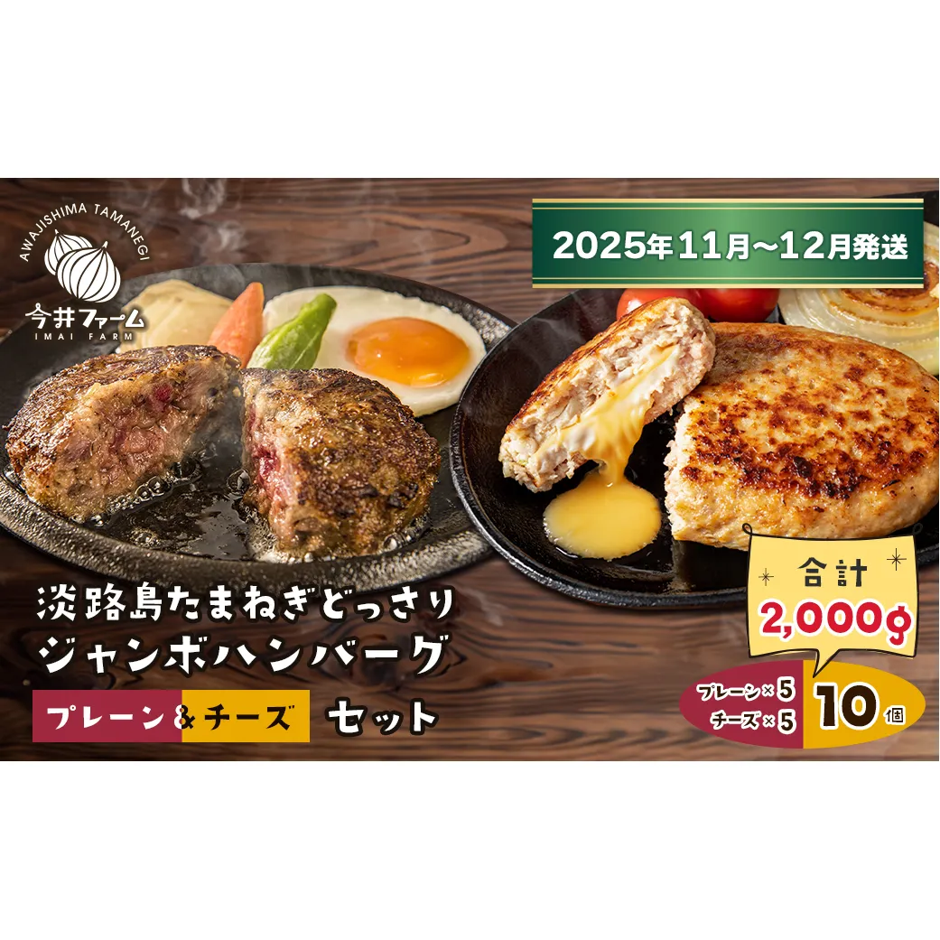 淡路島たまねぎどっさりジャンボハンバーグ プレーン＆チーズセット 200g×10個【2025年11月～12月発送】