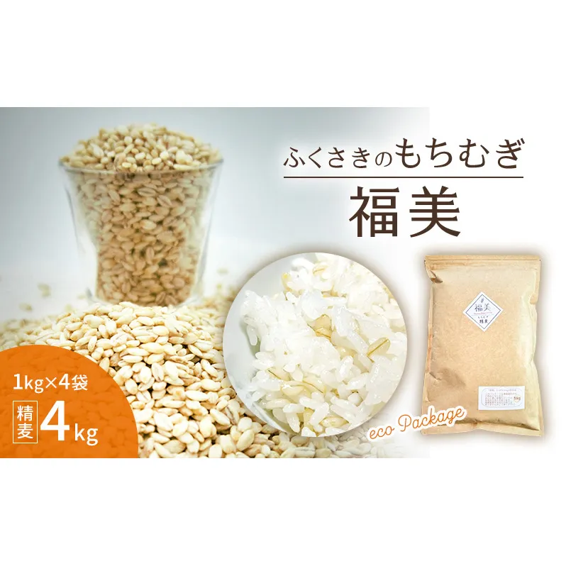 ふくさきのもちむぎ「福美」精麦1kg×4袋 4kg eco Package エコパッケージ