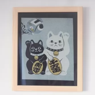 木製額　ねこ　41cm×49cm×3cm／sora sora　ひのき　桧　手作り　フレーム　額　布製生地入り　奈良県　宇陀市