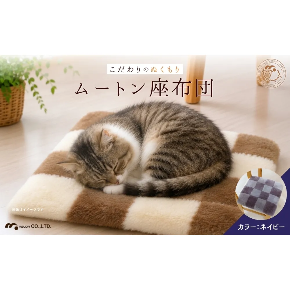 奈良 (株)マスダ製 ムートン座布団 チェック柄 ネイビー 40cm×40cm／ ムートン 羊毛皮 羊毛 スプリングラム 100％使用 座布団 ラグ インテリア オールシーズン 通年 贈り物 プレゼント 誕生日 記念日 株式会社マスダ 奈良県 宇陀市 ふるさと納税