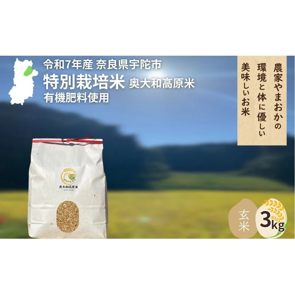 ＜令和7年産・先行予約＞★特別栽培米★玄米３kg ９月末より順次発送 ／ ふるさと納税 無農薬 米 お米 こめ コメ 国産 新米 玄米 農家やまおか 奈良県 宇陀市