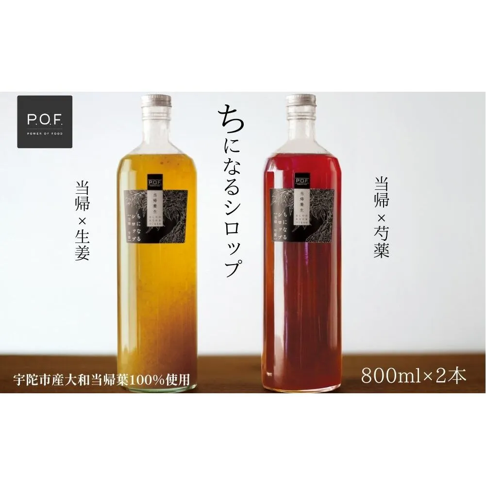 ちになるシロップ ＜大和当帰＞800ml × 2種セット ／POWER OF FOOD ふるさと納税 芍薬 生姜 シロップ 瓶 ガラス瓶 国産 食材 炭酸 大和当帰葉 有機 お湯割り 甜菜糖 ハチミツ はちみつ 送料無料 ち 奈良県 宇陀市