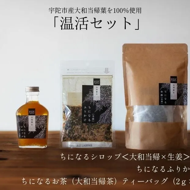 大和当帰葉商品「ちになるシリーズ」温活セット ／POWER OF FOOD ふるさと納税 生姜 シロップ 瓶 ガラス瓶 国産 食材 炭酸 大和当帰葉 有機 お湯割り 甜菜糖 ハチミツ ふりかけ お茶 ご飯 はちみつ 送料無料 ち 奈良県 宇陀市
