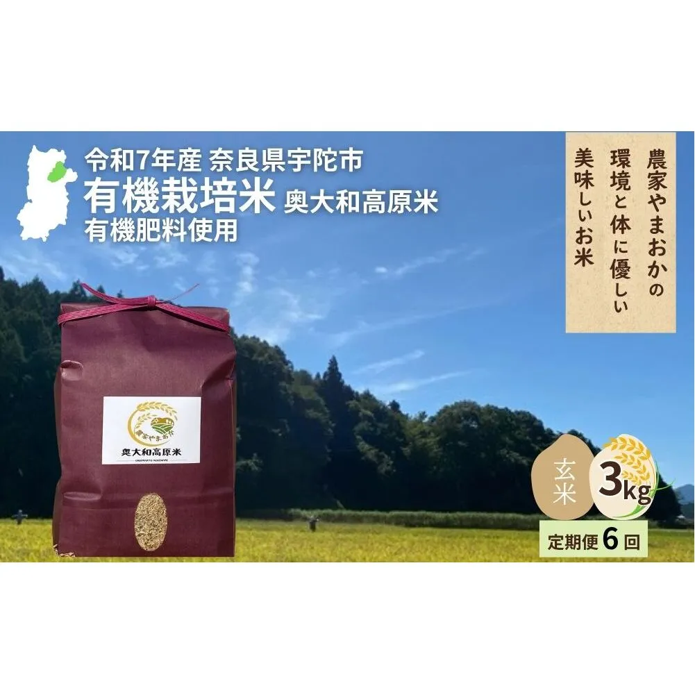 【毎月定期便6回】有機栽培米 令和7年産 玄米 奥大和高原米3kg／ ふるさと納税 無農薬 米 お米 こめ コメ 国産 新米 玄米 農家やまおか 奈良県 宇陀市
