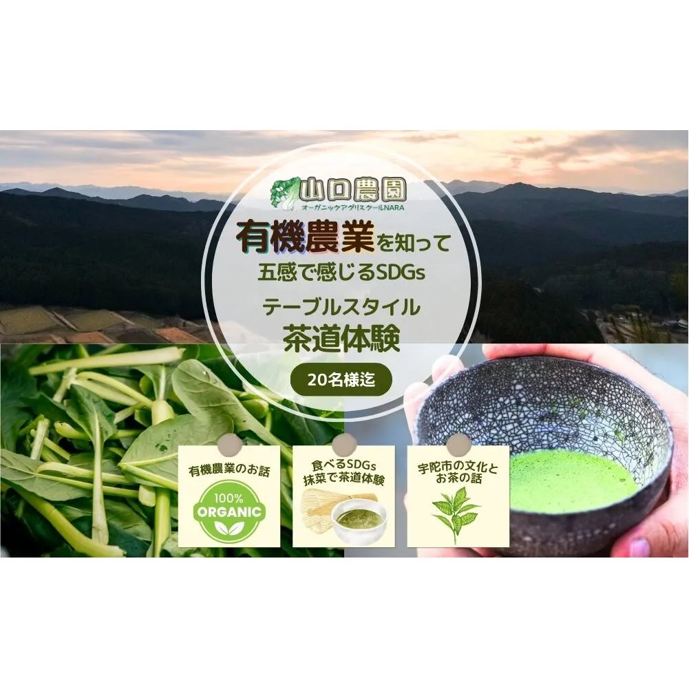 有機農業 を知って五感で感じる SDGs テーブル スタイル 茶道体験 20名様迄／ Nara Green 抹菜 オーガニック ビレッジ 薬草 茶の本 農家 有機野菜 無農薬 関西 チケット 山口農園 奈良県 宇陀市 ふるさと納税