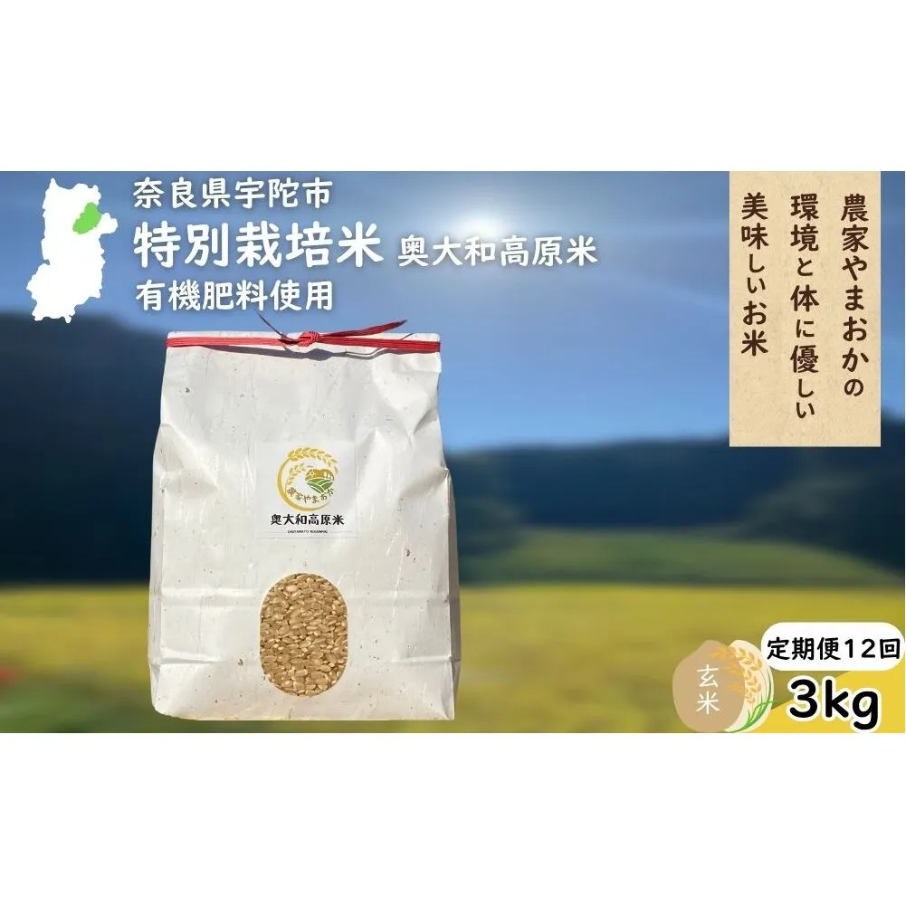 【定期便12回】 特別栽培米 ＜令和7年産 玄米 3kg＞ / ふるさと納税 栽培期間中農薬不使用 米 お米 こめ コメ 国産 新米 玄米 農家やまおか 奈良県 宇陀市
