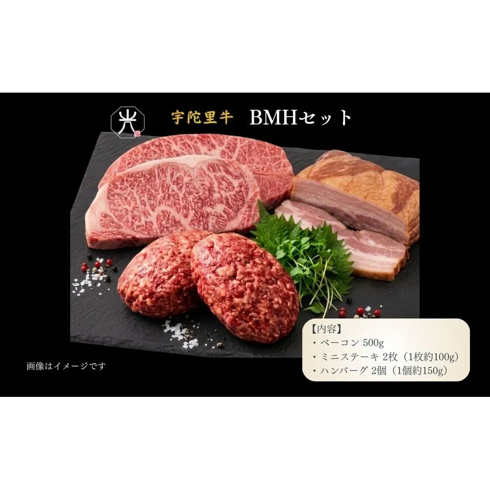 宇陀里牛 BMHセット（ベーコン500g・ミニステーキ2枚・ハンバーグ2個） ／ ふるさと納税 国産 黒毛和牛 牛肉 ステーキ バーベキュー BBQ キャンプ お中元 暑中見舞い お土産 お歳暮 正月 奈良県 宇陀市 光福久屋